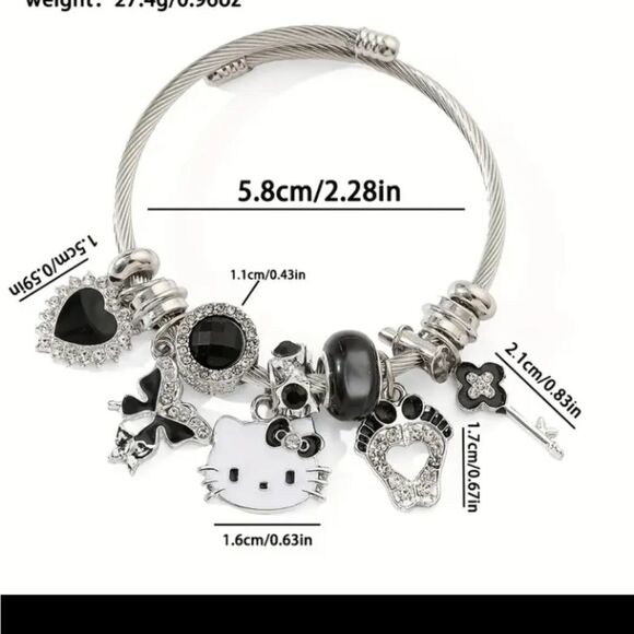 Hello Kitty Charm Pendant Silver & Black Tone Bangle Bracelet - Picture 6 of 6